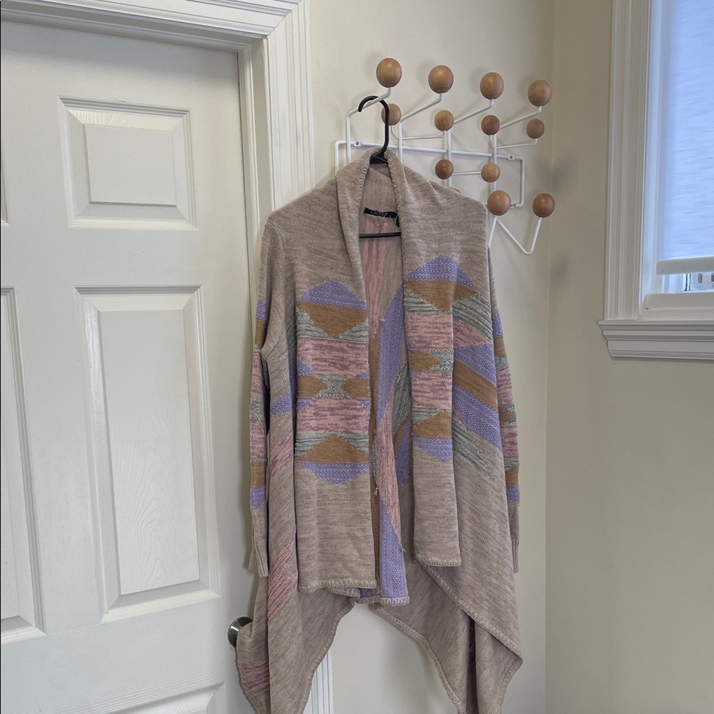 Ralph Lauren Lauren Wool Blend Open Wrap Shawl Cotton Wool TaupeMulti Sweater L